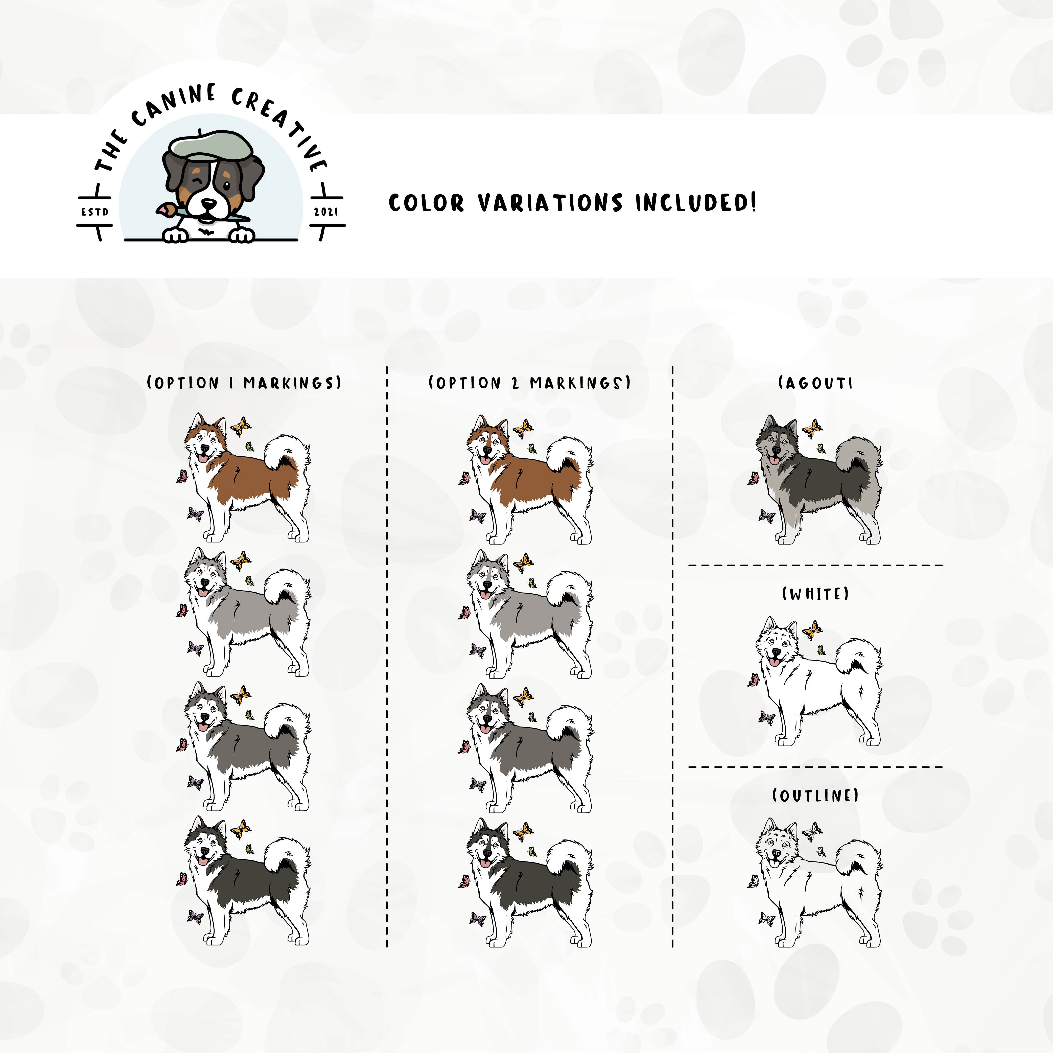 Dog color variations for this design set includes common color and marking variations found in Alaskan Malamutes (bi-color, Agouti, and white), as well as an outline option.